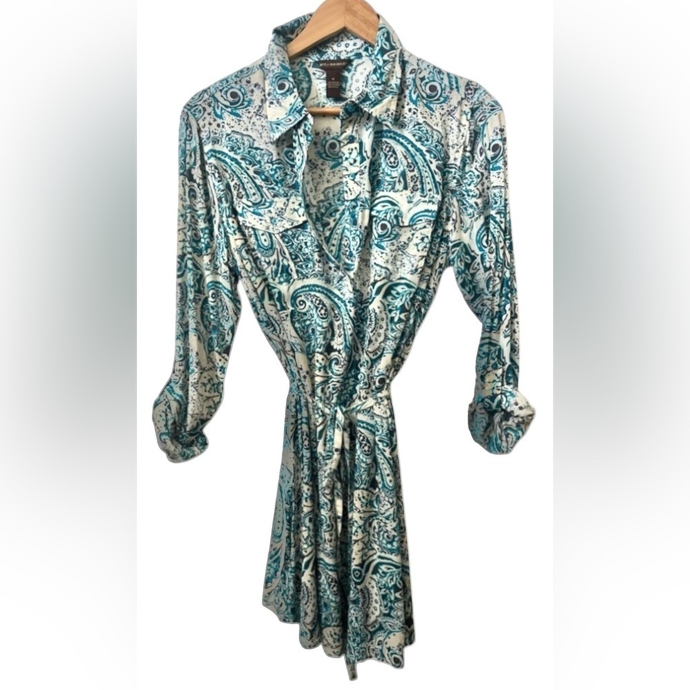 Bit & Bridle Paisley Shift Dress Women M Teal White